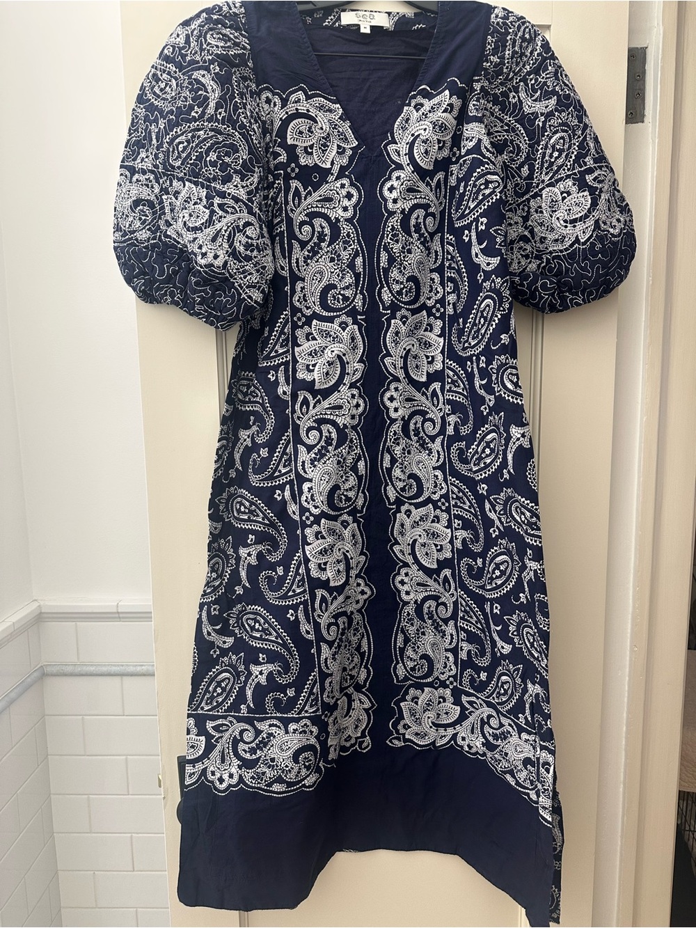 Sea New York Navy & White Paisley Midi Dress with Puff Sleeves - Picture 7 of 7